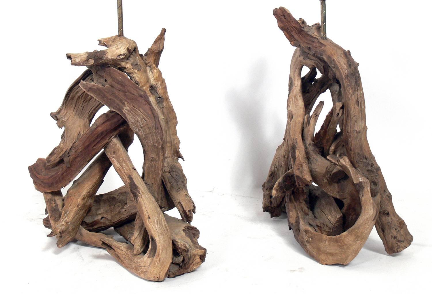 American Pair of Sculptural Driftwood Lamps