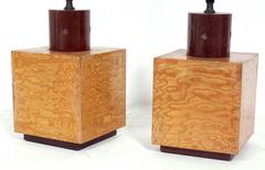 Pair of Burl Wood Cube Lamps by Andrew Szoeke