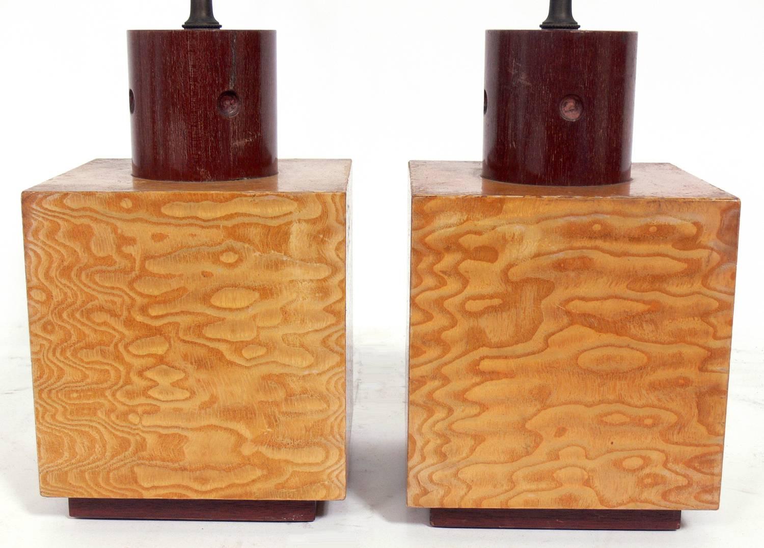 Mid-Century Modern Pair of Burl Wood Cube Lamps by Andrew Szoeke