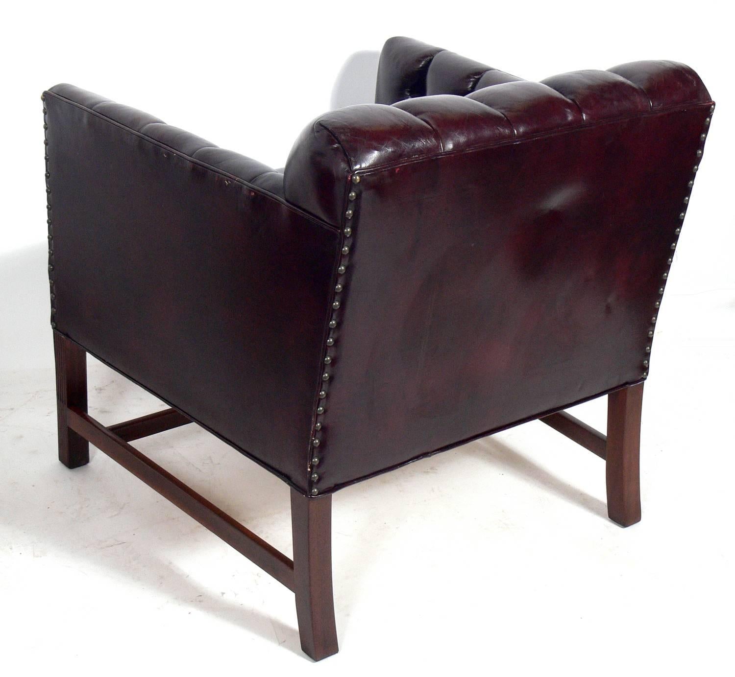 Pair of Tufted Cabernet Leather Lounge Chairs by Kittinger In Good Condition In Atlanta, GA