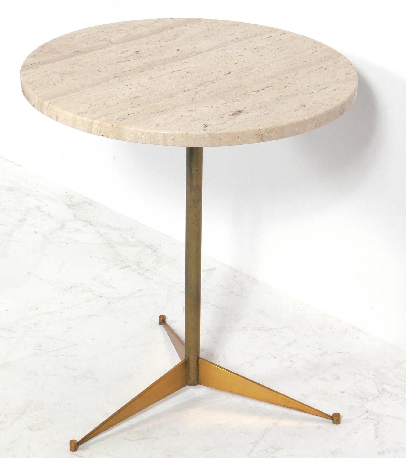 Paul McCobb brass and travertine tripod table, American, circa 1950s. Perfect between a pair of chairs.