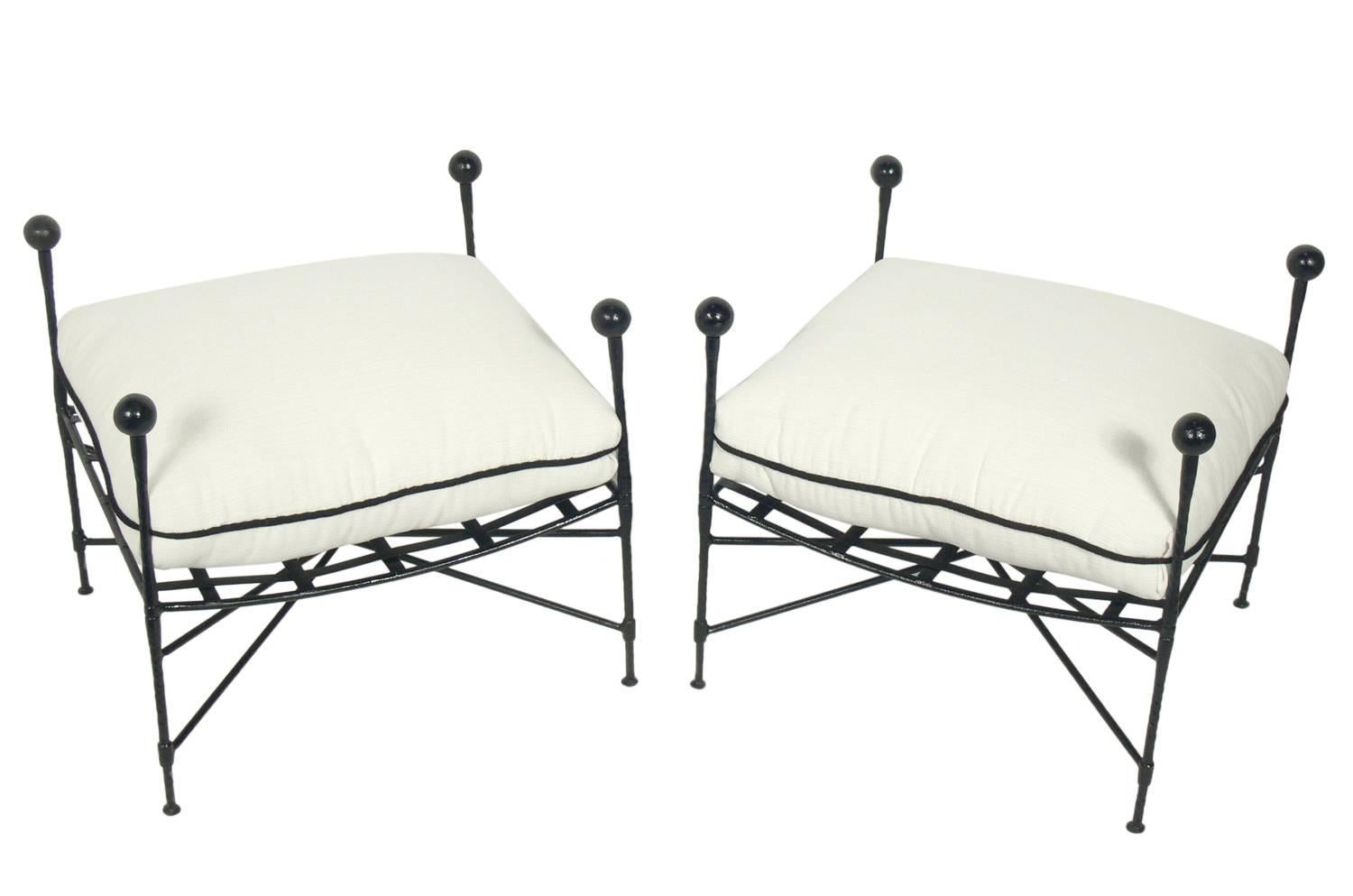 Pair of sculptural iron stools, designed by Mario Paper Zinin for Salterini, Italy, circa 1950s. They can be used indoors or outdoors. They have been completely restored with sunbrella outdoor grade fabric and outdoor dacron filling in the cushions.