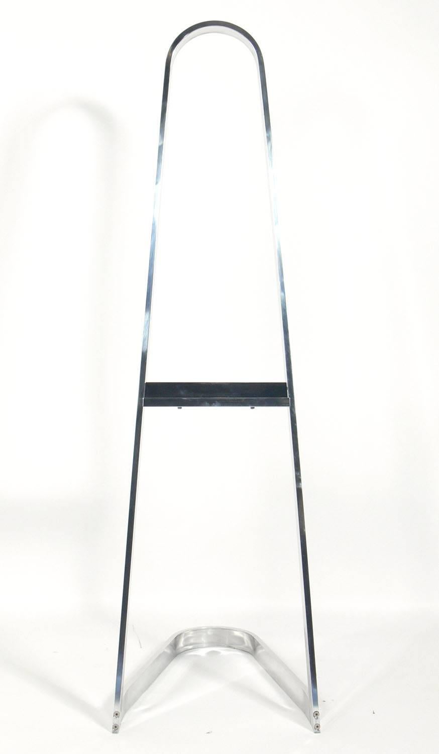 Polished aluminium easel, American, circa 1960s. Clean lined sculptural design. updated