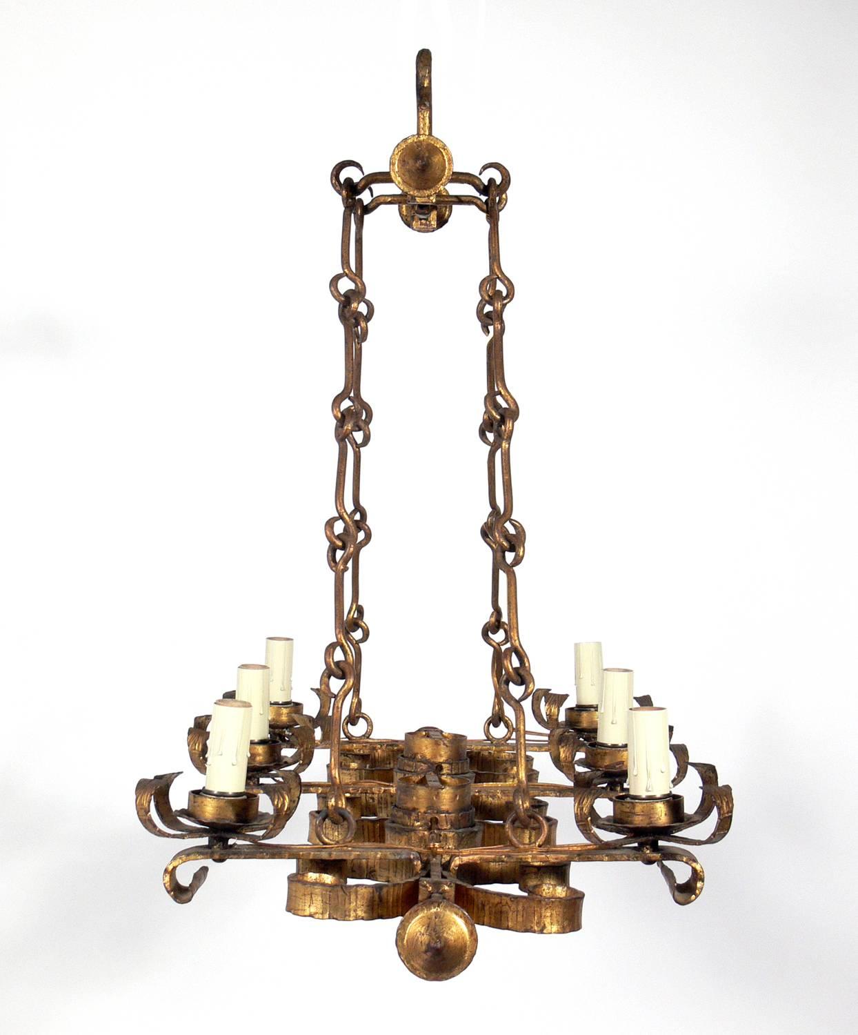 Gothic Revival Spanish Gilt Iron Chandelier