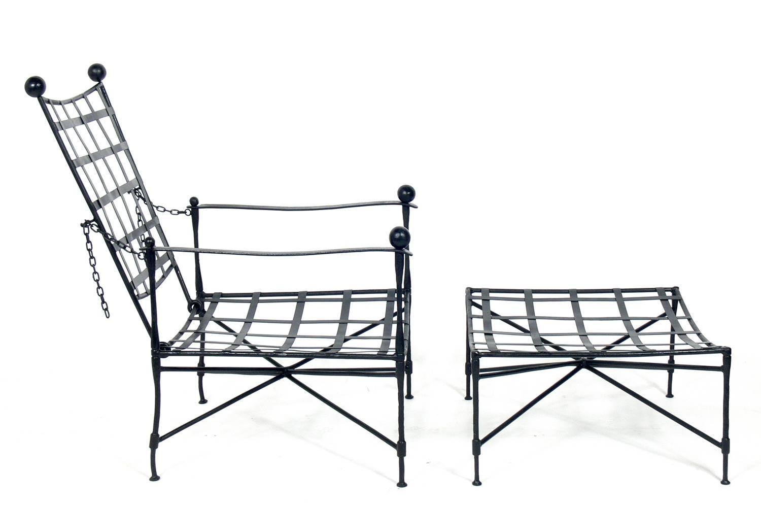 Rare set of four iron lounge chairs and ottomans designed by Mario Papperzini for Salterini, Italian, circa 1950s. Very rare to find a matched set of four chairs and ottomans from the same estate! This is a versatile form and it can be used indoors