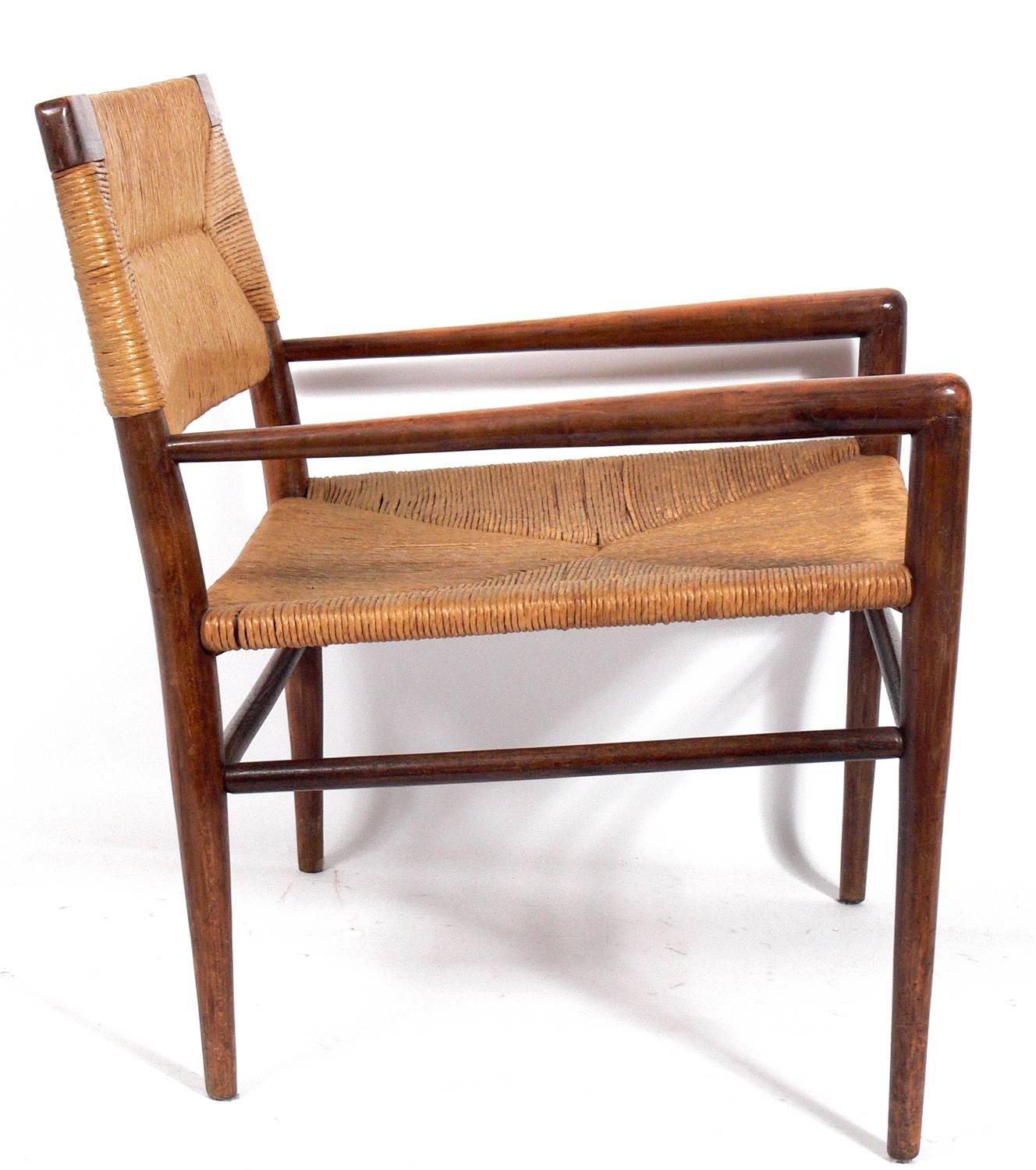 Walnut and rush lounge chair by Mel Smilow, American, circa 1950s. Retains it's wonderful original patina.