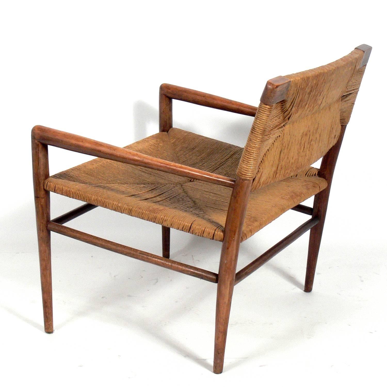 Mid-Century Modern Walnut and Rush Lounge Chair by Mel Smilow
