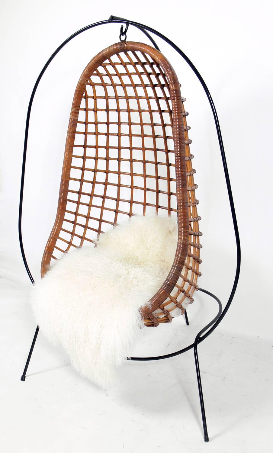 Mid-Century Modern Sculptural Iron and Rattan Hanging Chair