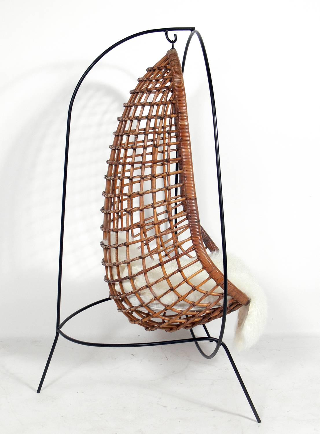 American Sculptural Iron and Rattan Hanging Chair