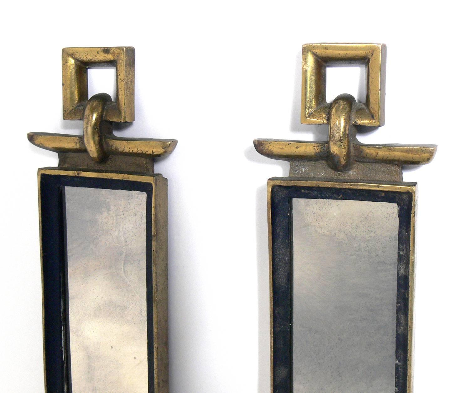Hollywood Regency Brass and Antiqued Mirror Andirons
