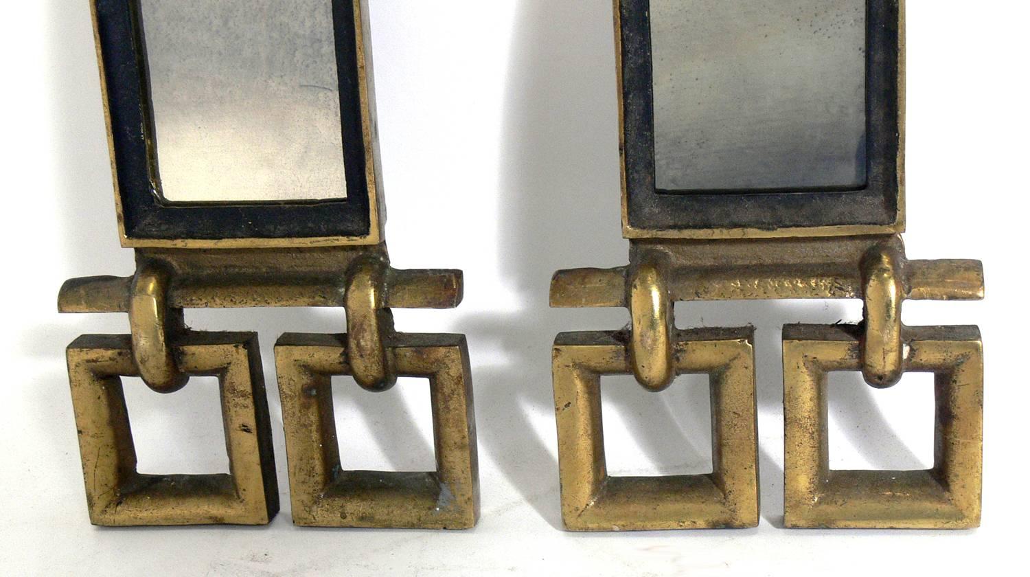 American Brass and Antiqued Mirror Andirons