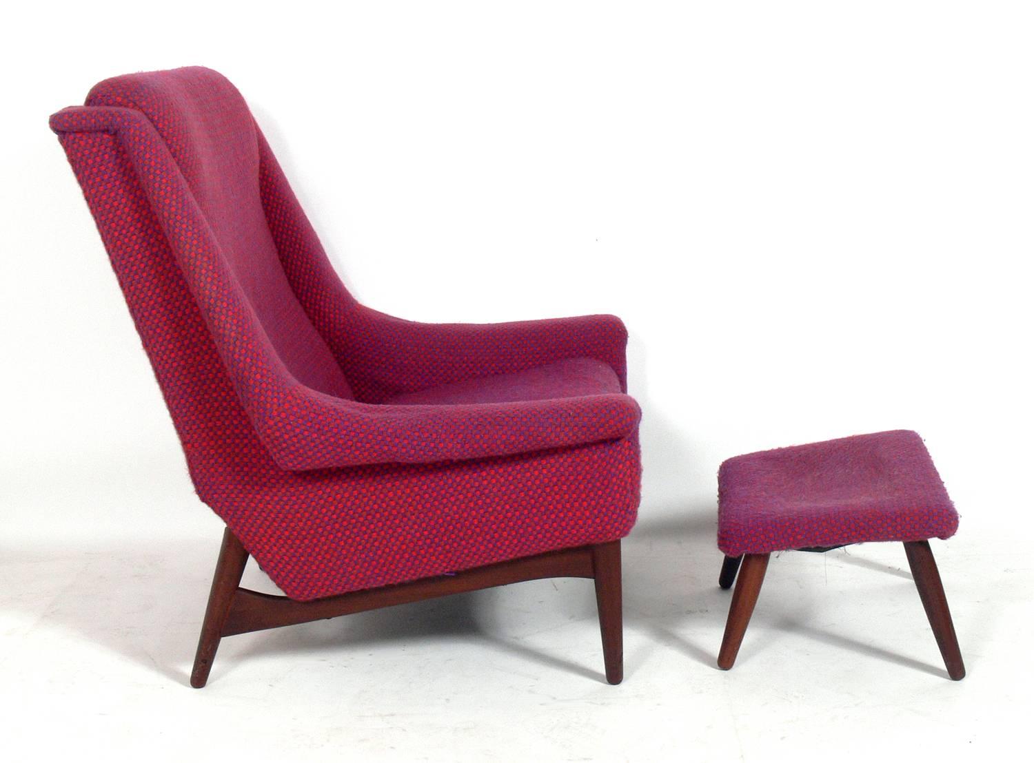 Danish Modern lounge chair and ottoman attributed to Folke Ohlsson, Denmark, circa 1960s. This chair and ottoman are currently being reupholstered and refinished and can be completed in your fabric. The price noted below includes reupholstery in