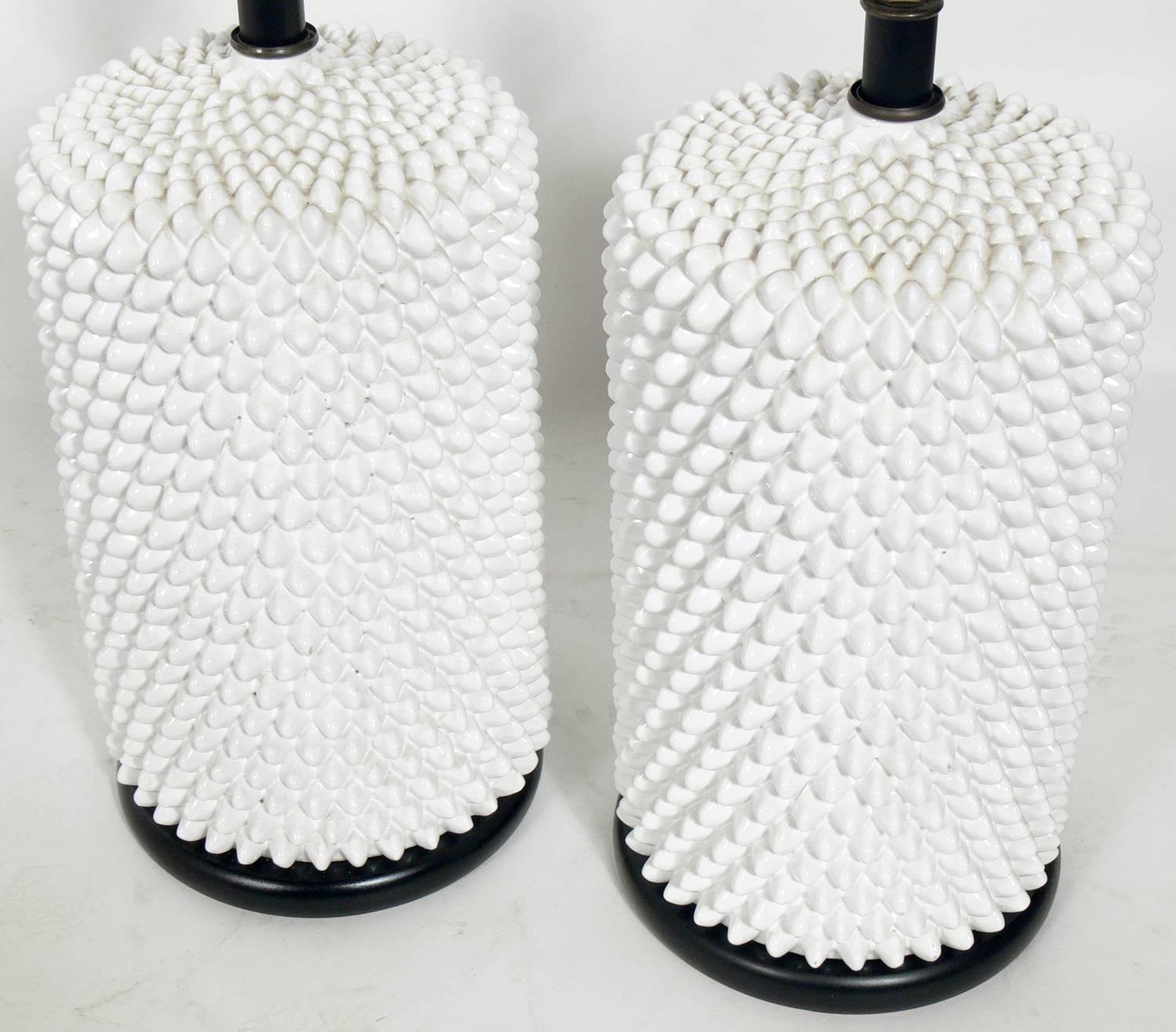 Mid-Century Modern Pair of White Ceramic Studded Lamps