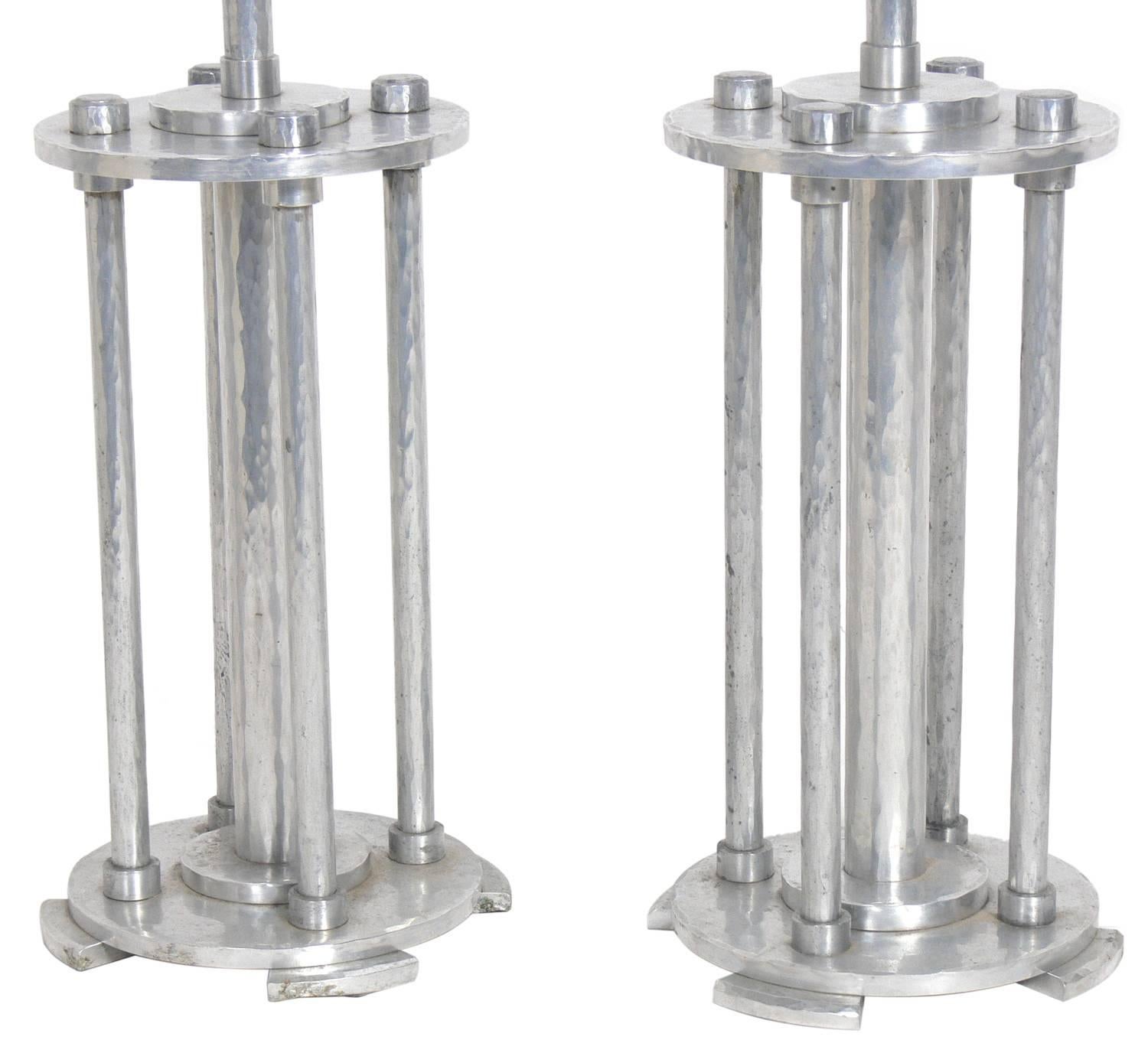Pair of Art Deco hammered aluminium lamps attributed to Palmer Smith, unsigned, American, circa 1930s. They retain their warm original patina. They have been rewired and are ready to use. The price noted below includes the shades. updated
