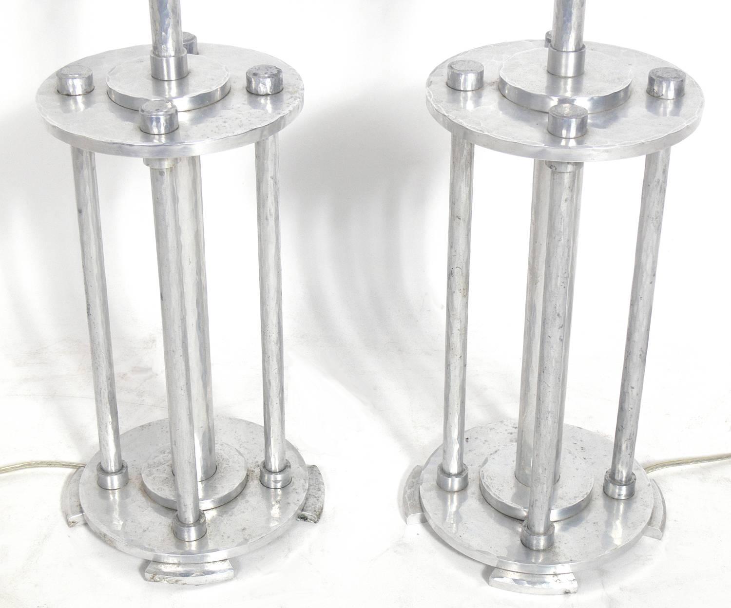 American Pair of Art Deco Hammered Aluminium Lamps Attributed to Palmer Smith