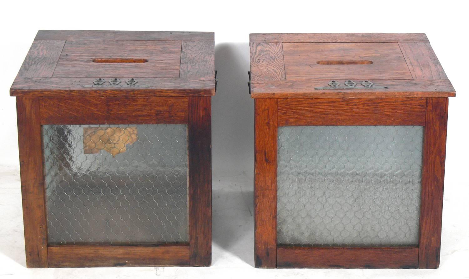 Pair of early 20th century ballot box end tables, American, circa 1920s.
I know we're all tired of talk about the election, but these ballot boxes would be perfect for anyone interested in politics or just great Industrial design. Perfect as end or
