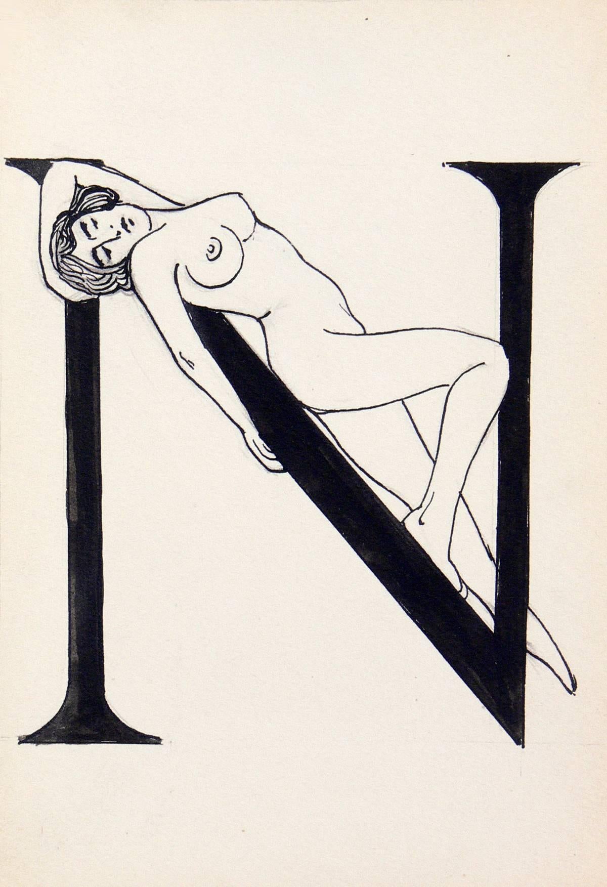 Mid-20th Century Suite of 26 Art Deco Nude Alphabet Pen and Ink Drawings For Sale