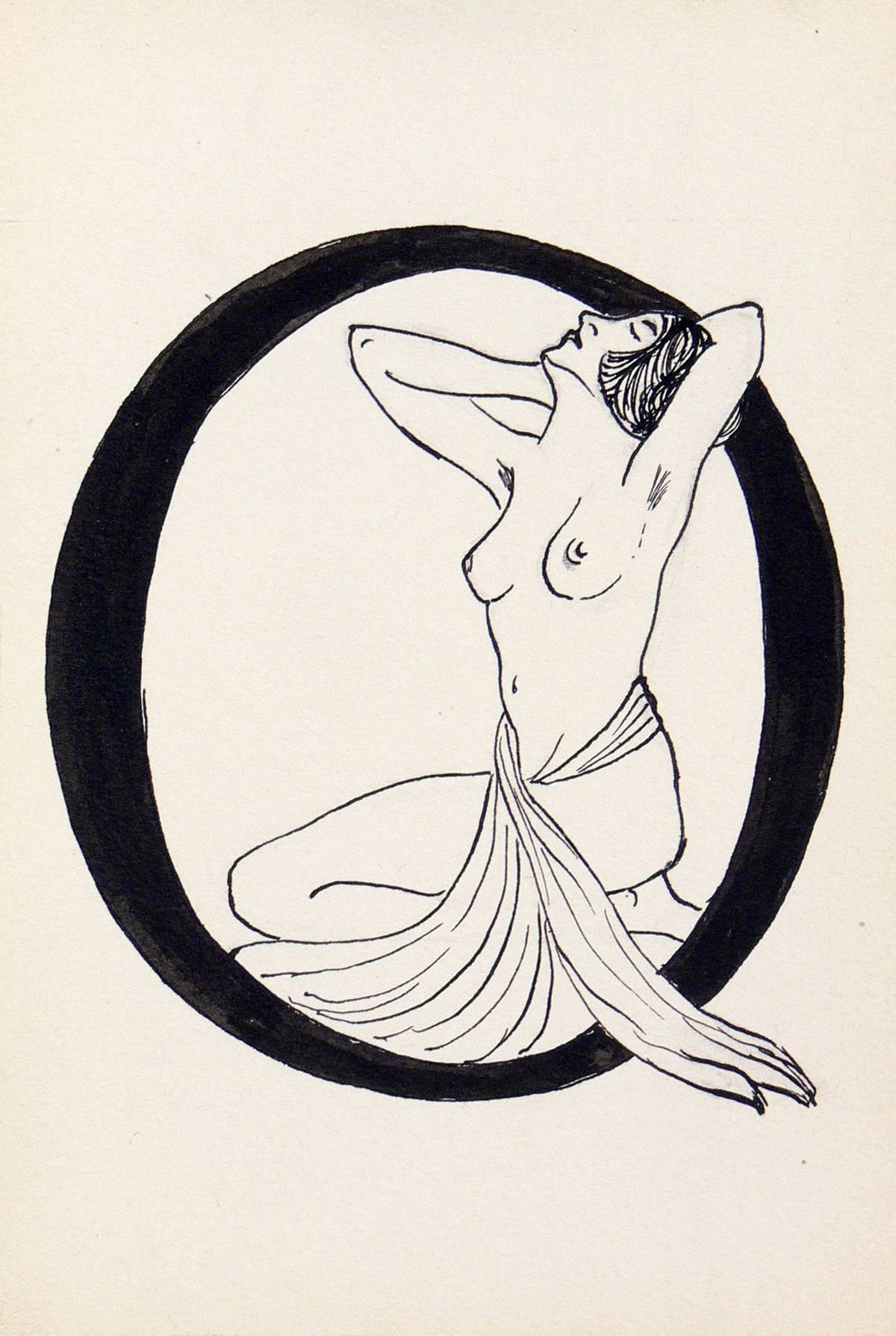 Wood Suite of 26 Art Deco Nude Alphabet Pen and Ink Drawings For Sale