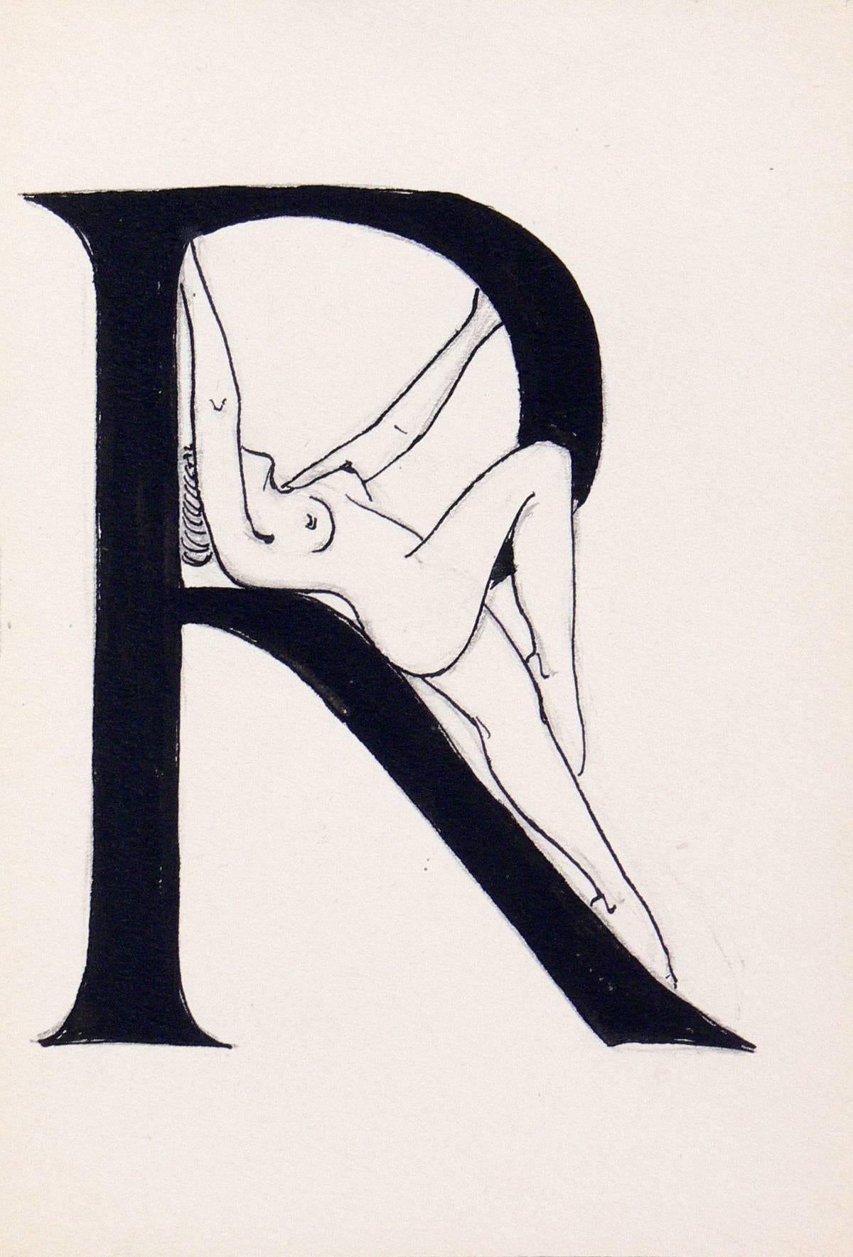 Suite de 26 dessins au stylo et à l'encre Art Déco représentant l'alphabet avec des nus en vente 1