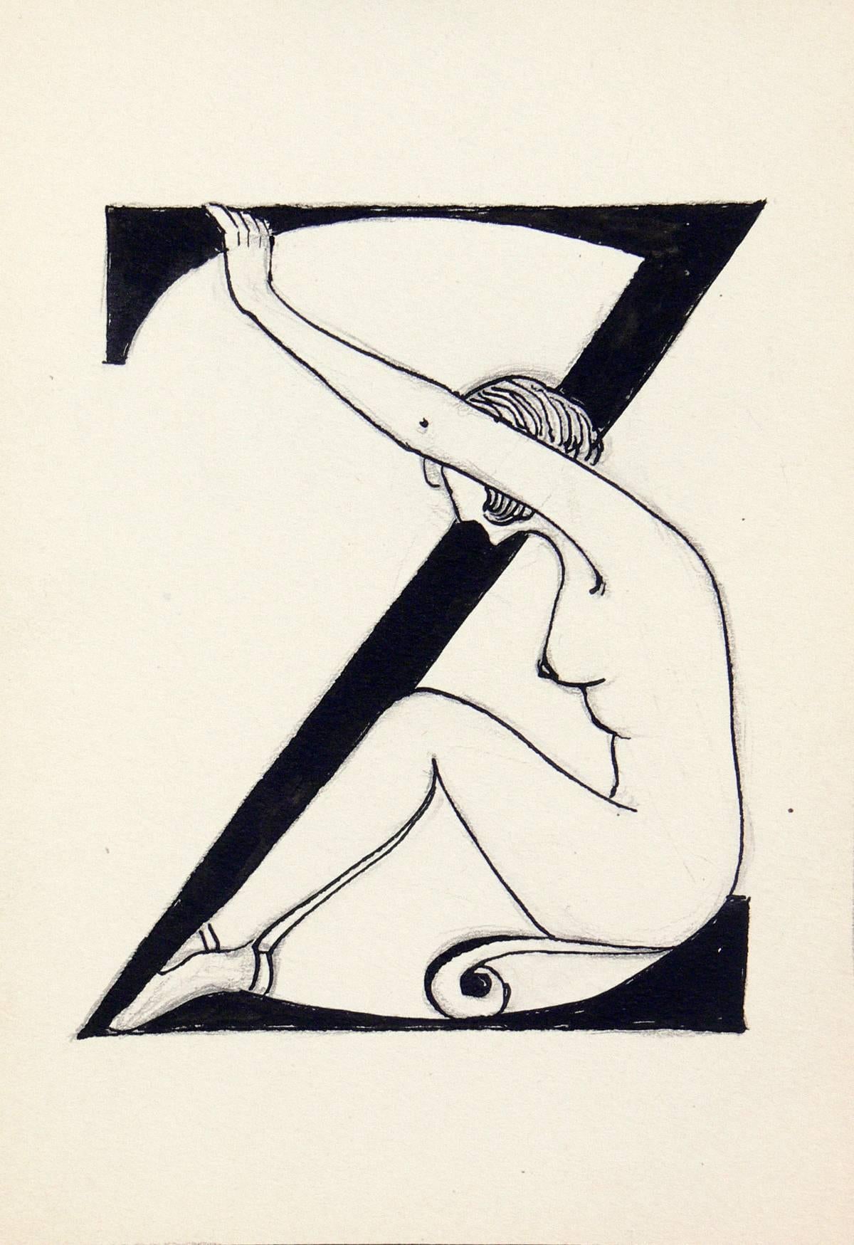 Suite de 26 dessins au stylo et à l'encre Art Déco représentant l'alphabet avec des nus en vente 3