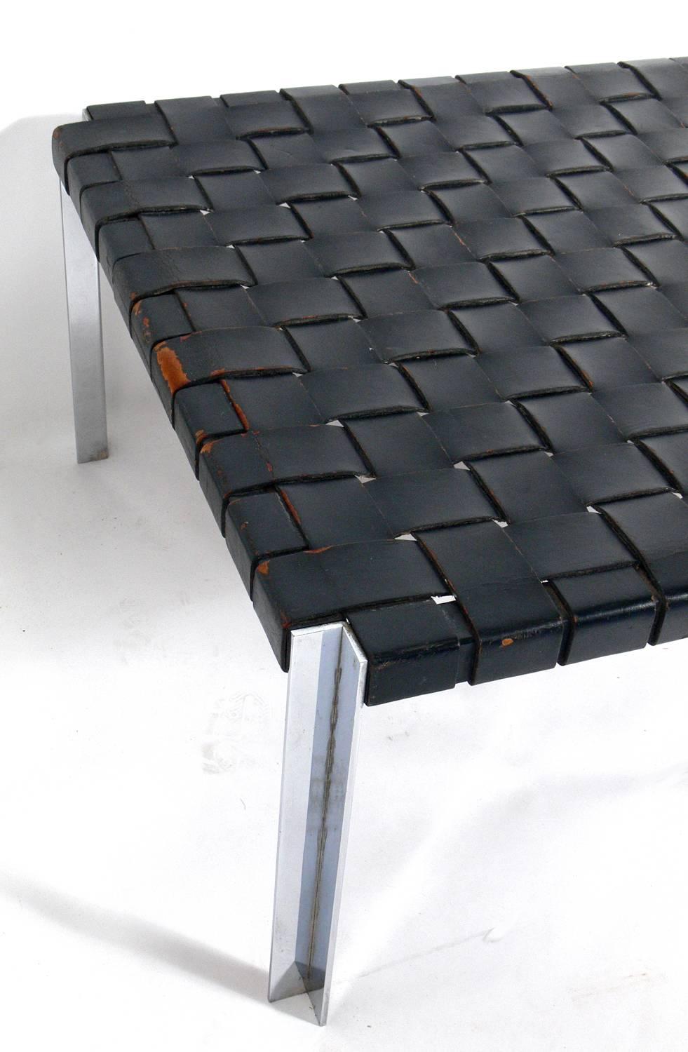 black leather woven bench