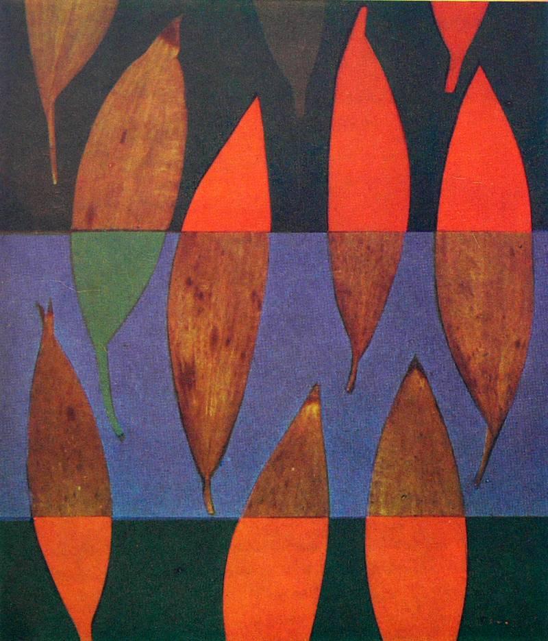 Suite of four abstract leaves lithographs by Josef Albers, from folder XXV-5, Interaction of color. They measure: Top left measures 7