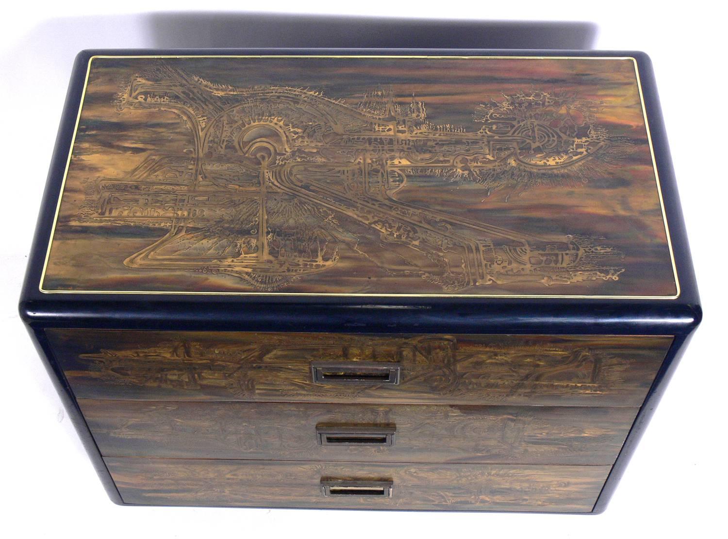 Mid-Century Modern Etched Brass and Black Lacquer Chest by Bernhard Rohne for Mastercraft