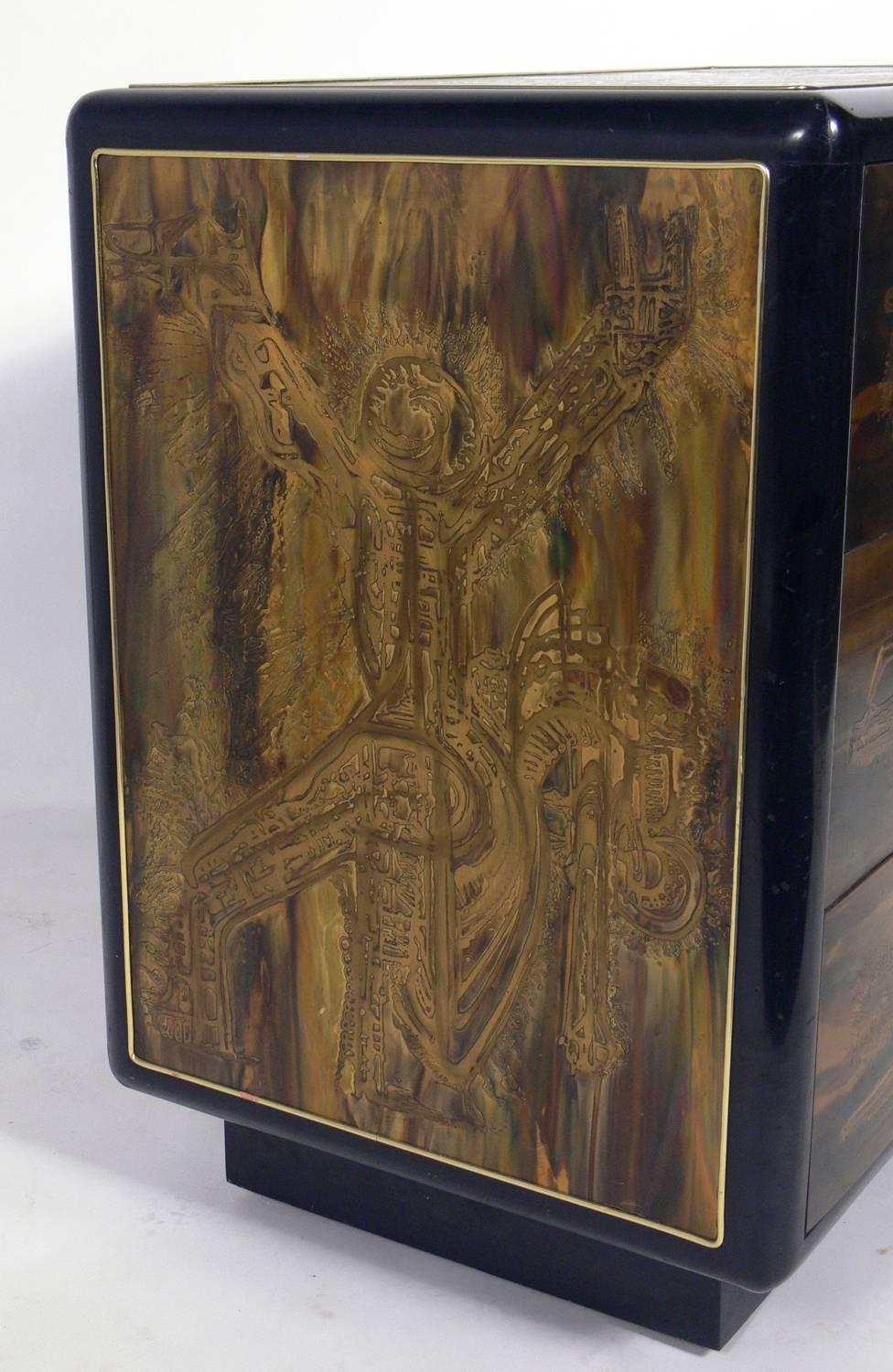 American Etched Brass and Black Lacquer Chest by Bernhard Rohne for Mastercraft