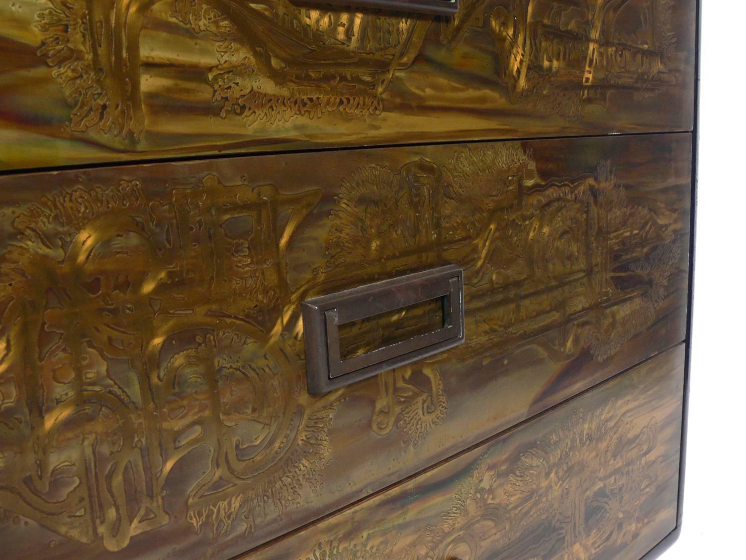 Mid-20th Century Etched Brass and Black Lacquer Chest by Bernhard Rohne for Mastercraft