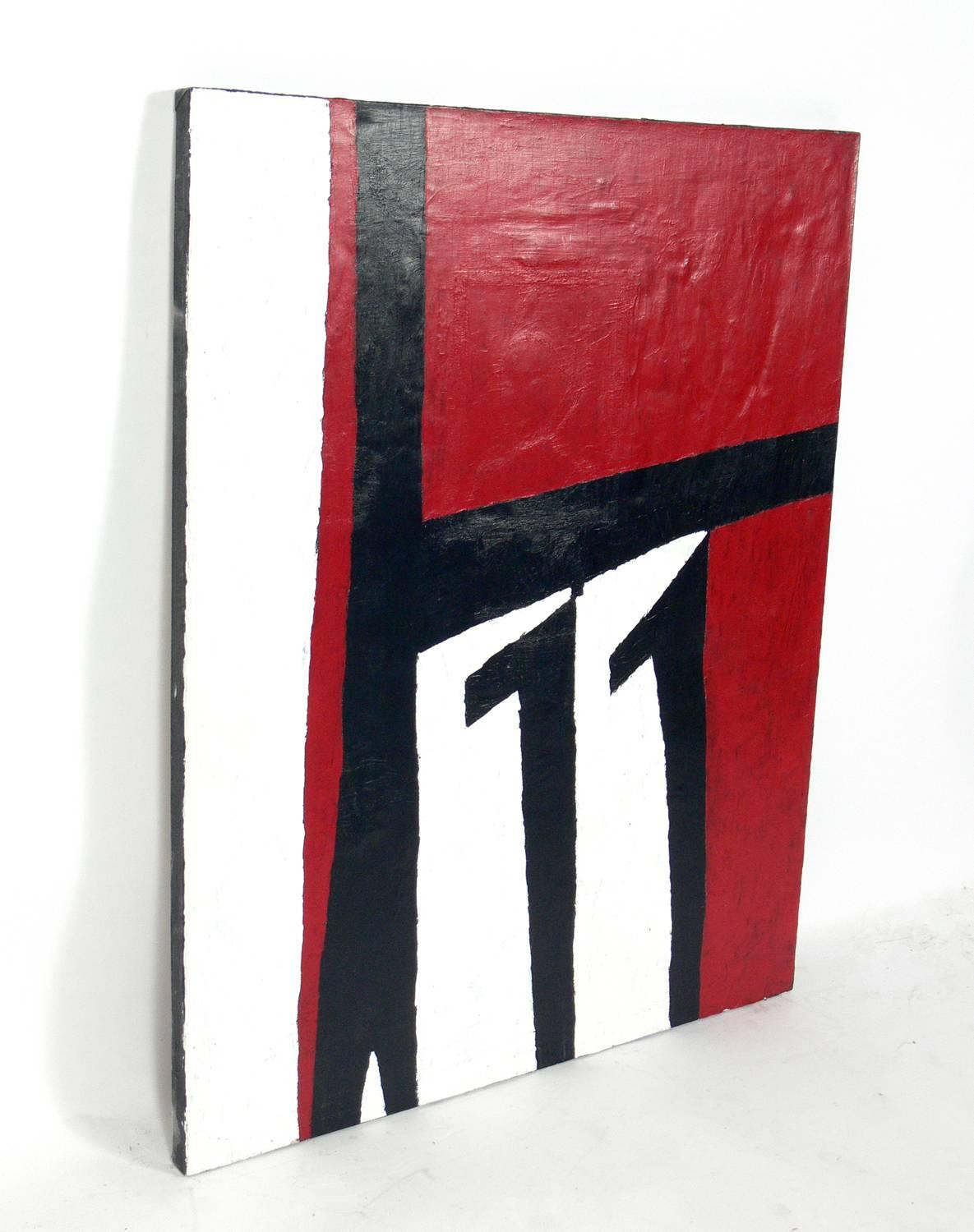 Abstract red and black painting with thick impasto texture, after Robert Motherwell, American, circa 1980s. The canvas is gallery wrapped around the edge of the stretcher and needs no frame. Bold graphic look.