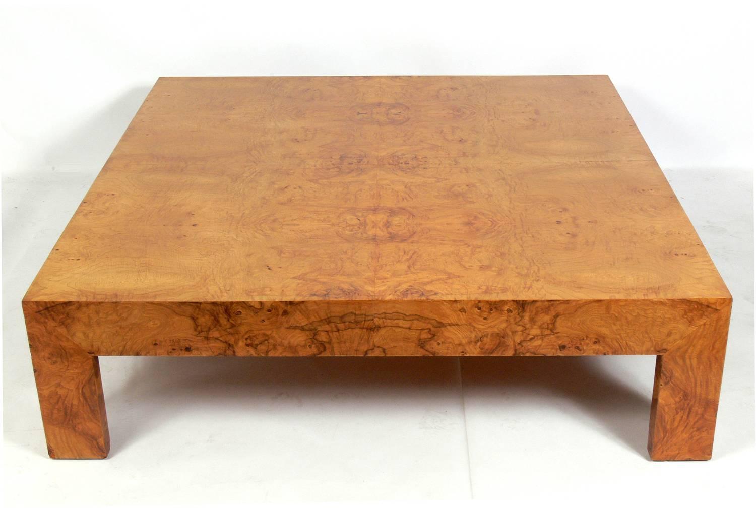 Large-scale burl wood coffee table designed by Milo Baughman, American, circa 1960s. It measures an impressive 54" length x 54" width x 15" height. Retains warm original patina.