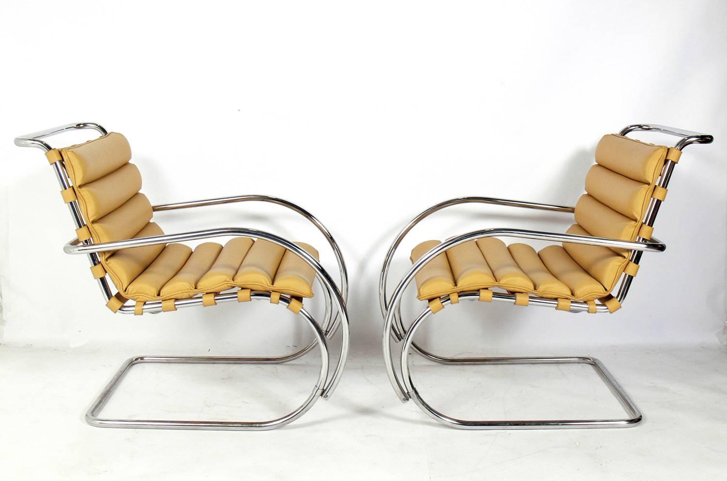 Pair of MR lounge chairs designed by Mies van der Rohe for Knoll, circa 2000s. Beautiful natural color leather. Signed with impressed Knoll mark to each chair.
