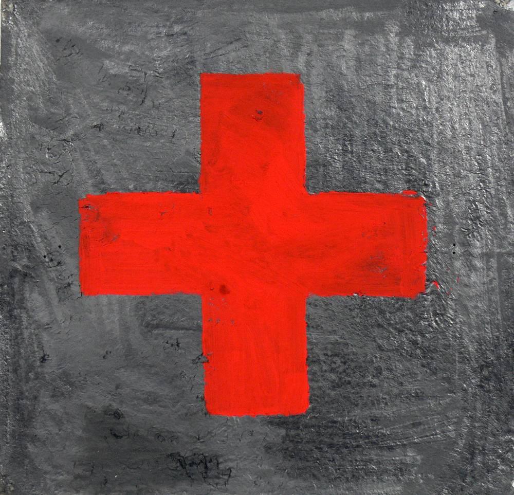 Group of 12 original Red Cross paintings, American, circa 1940s. These were originally painted during World War II to support the Red Cross. Executed in a vibrant red on a gun metal color painted background, they have a very graphic appeal. They