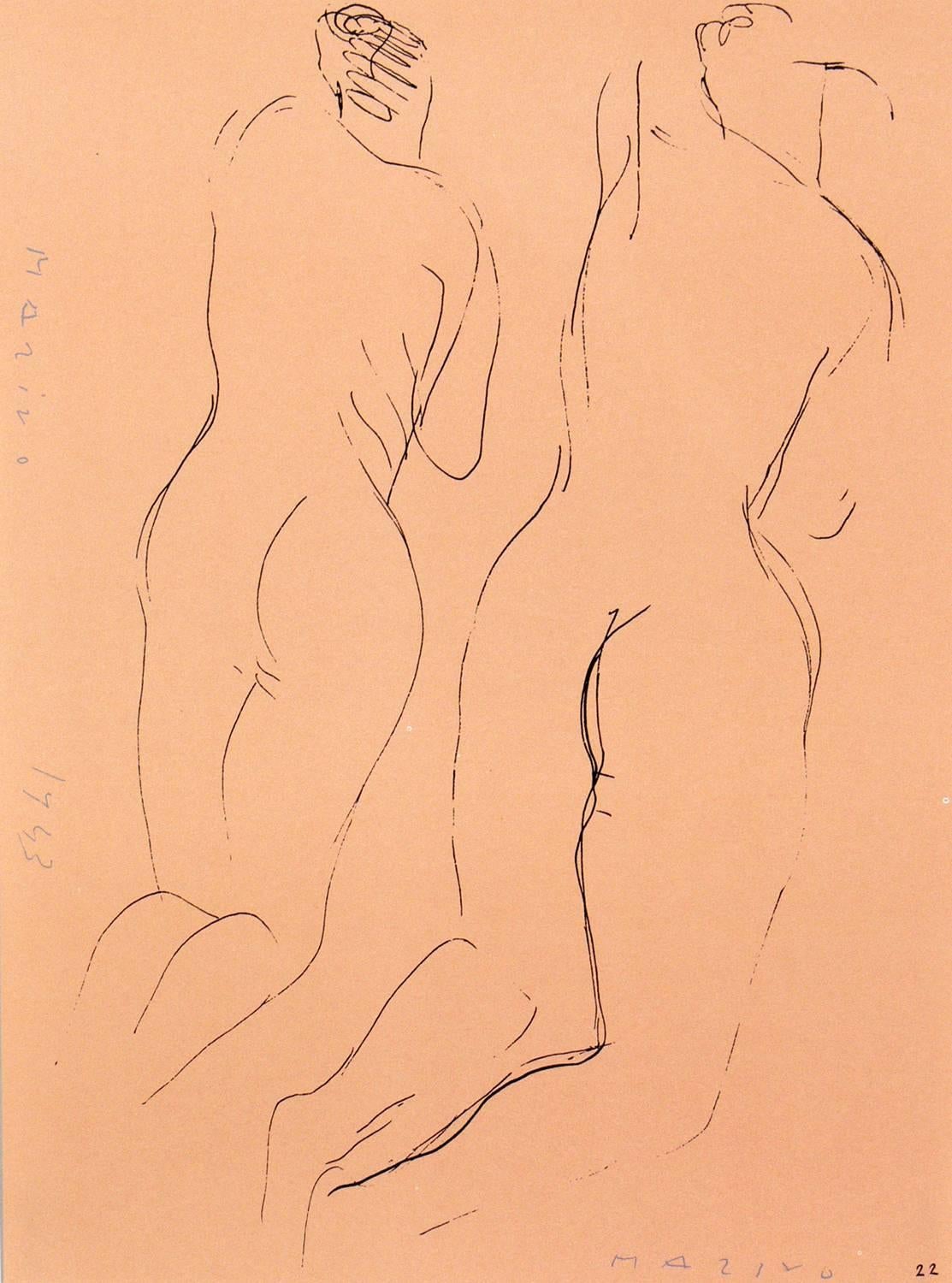 Pair of Nude Figural lithographs by Marino Marini, from the Marino Marini portfolio, printed by Carl Schünemann, Germany, circa 1968. They have been framed in clean lined black lacquer gallery frames.