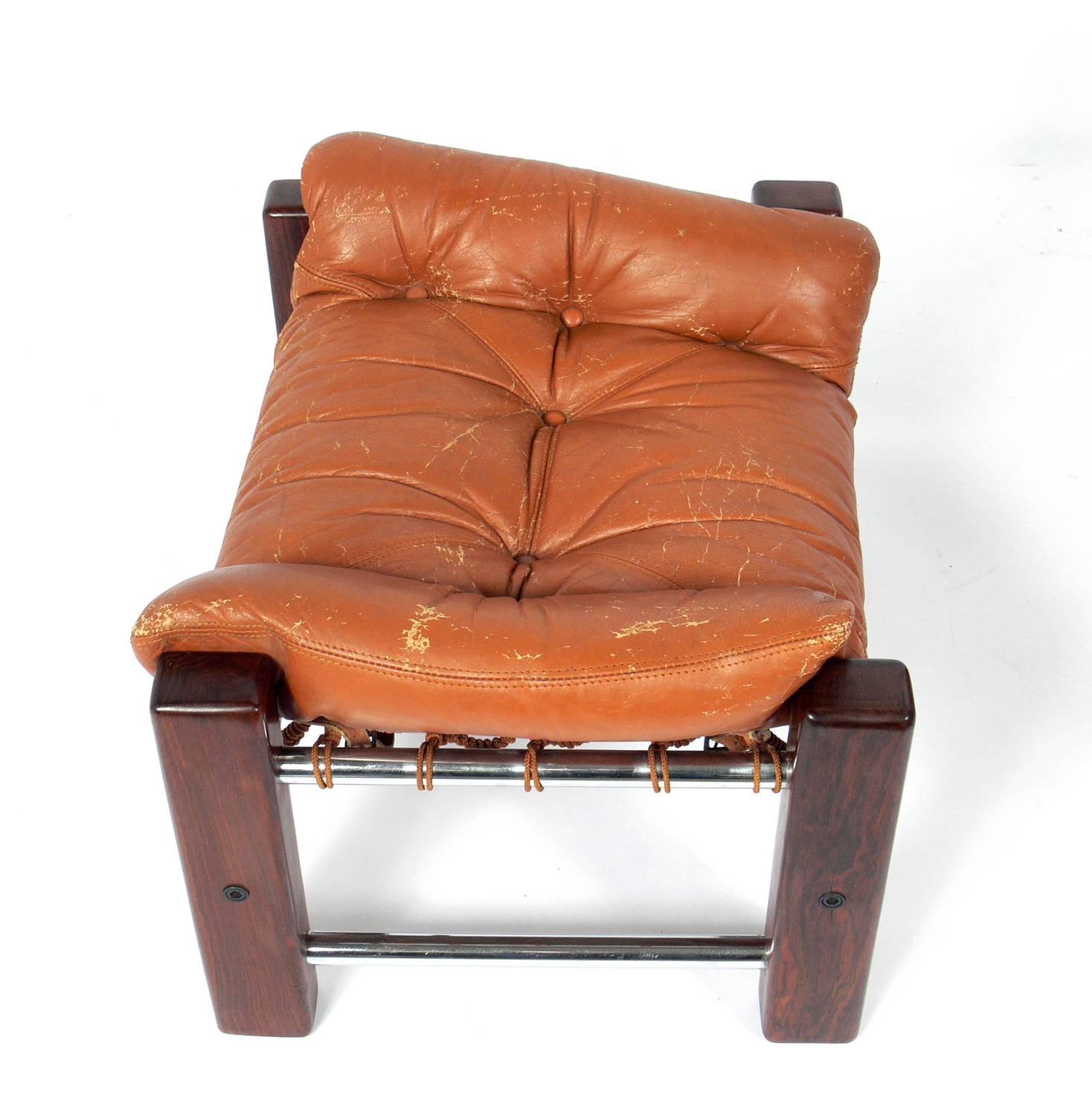 Mid-Century Modern Exotic Rosewood and Leather Brazilian Lounge Chair and Ottoman by Jean Gillon