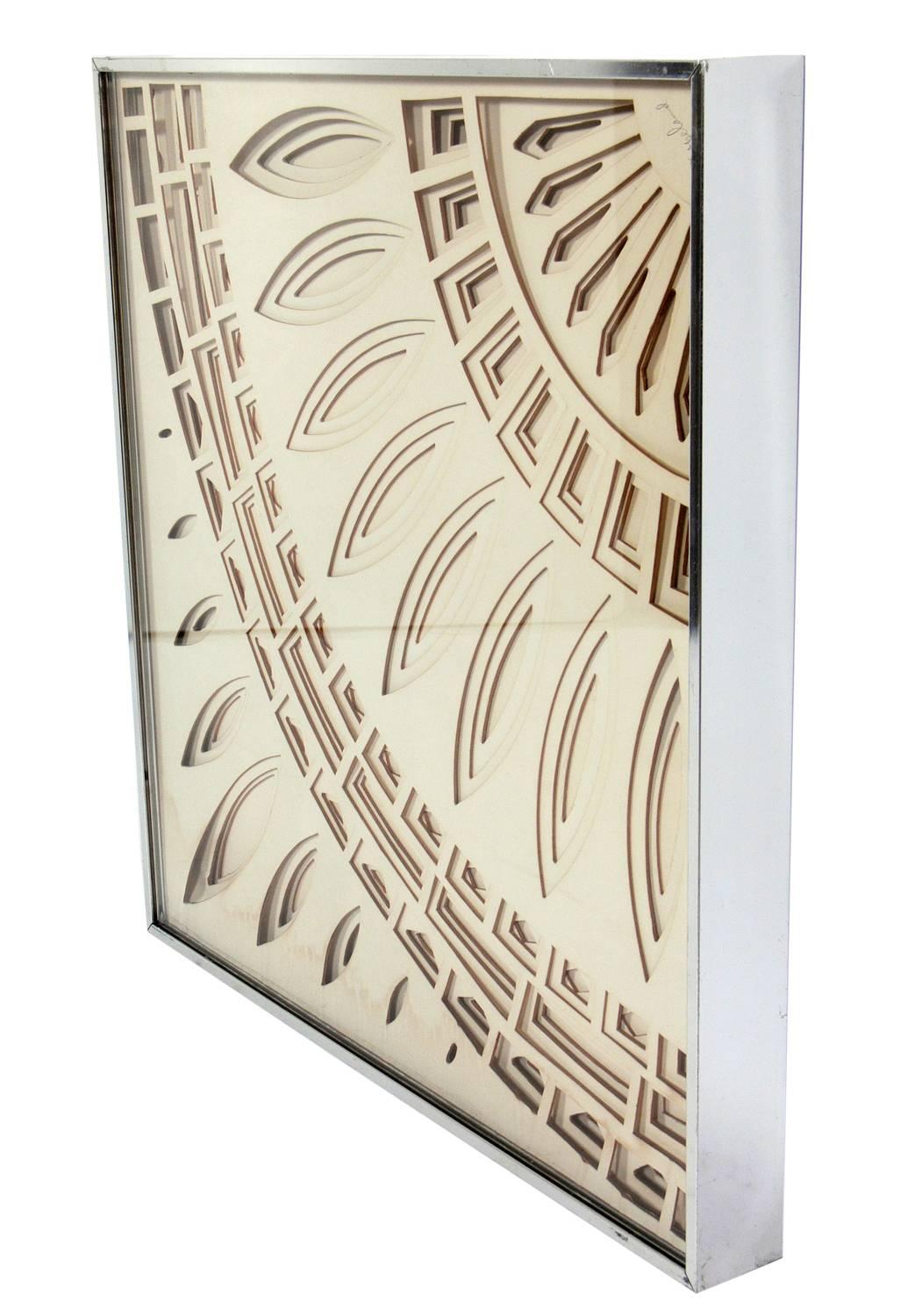 Three-dimensional wall sculpture, designed by Greg Copeland, circa 1970s. All pieces signed by the artist. They retain their original aluminum frames. The price noted is for the set of four framed works.