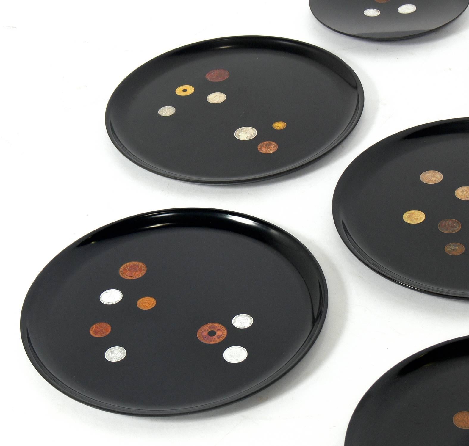 Mid-Century Modern Group of Coin Inlaid Trays by Couroc Great Wall Sculpture
