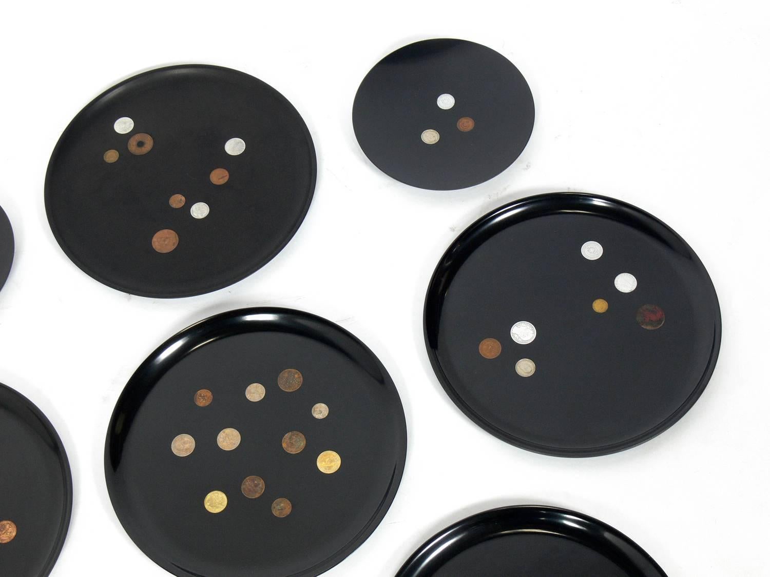American Group of Coin Inlaid Trays by Couroc Great Wall Sculpture