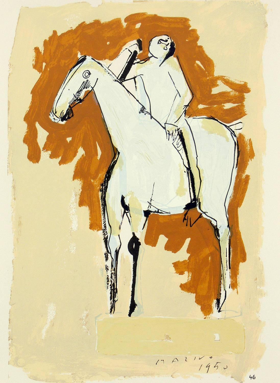 Pair of horse and rider lithographs by Marino Marini, from the Marino Marini portfolio, printed by Carl Schunemann, Germany, circa 1968. They have been framed in clean lined black lacquer gallery frames.