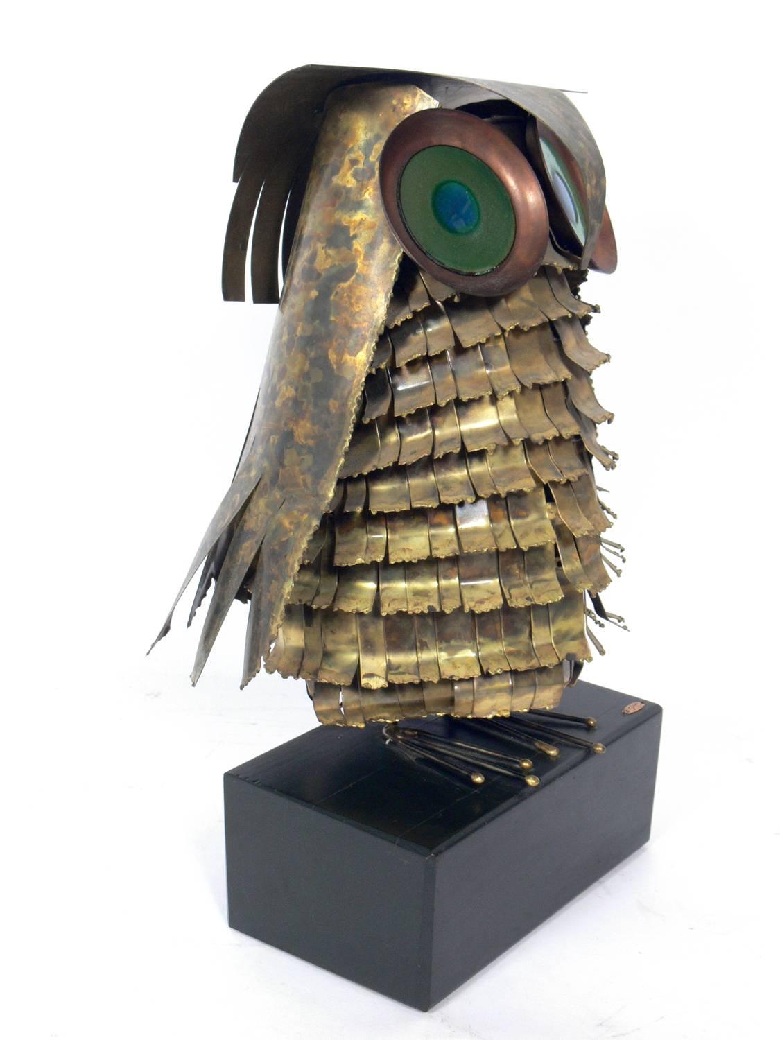 Whimsical Owl Sculpture by Curtis Jere, American, circa 1969. Signed and dated on plaque on the base. This is the best example we have owned of Jere's owls. It is the larger size and the enamel eyes are still vibrant and colorful.