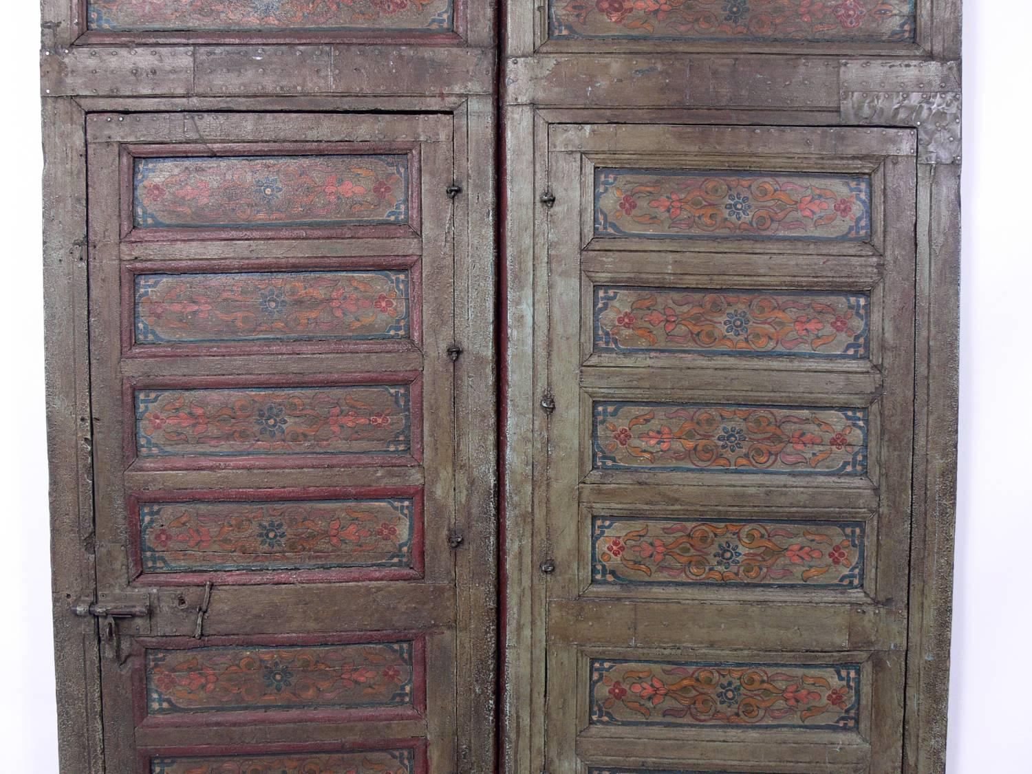 Pair of Exotic Hand-Painted Antique Moroccan Doors In Distressed Condition In Atlanta, GA