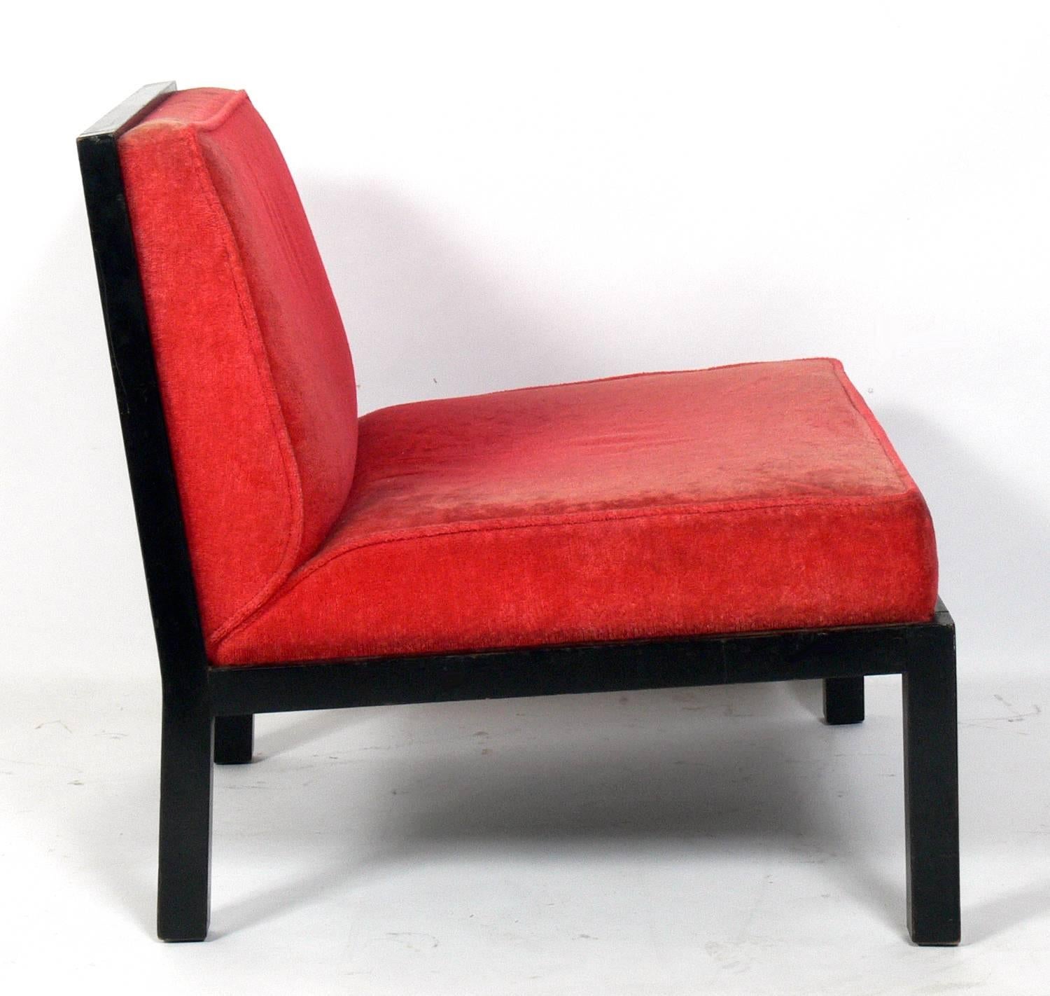 Asian inspired slipper lounge chair designed by Michael Taylor for Baker, American, circa 1950s. This chair is currently being refinished and reupholstered and can be completed in your choice of finish color and your fabric. The price noted below