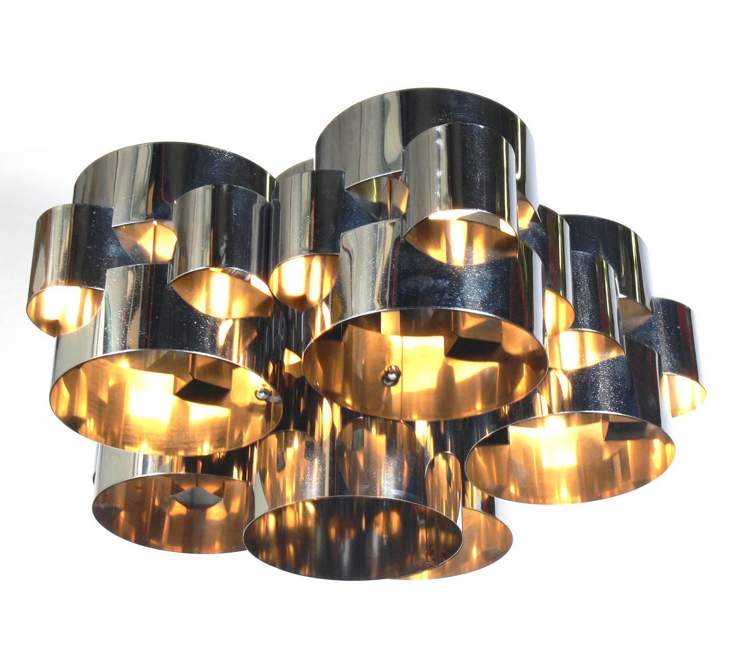 Modernist chrome chandelier by Curtis Jere, American, circa 1970s. Looks incredible when lit!