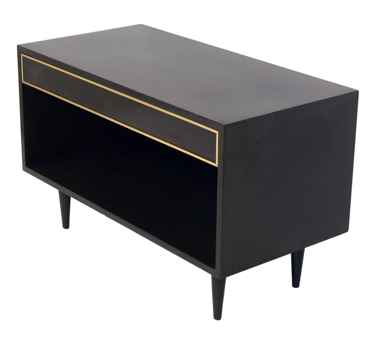 Clean lined modern nightstand, designed by Harvey Probber, circa 1960s. This piece is nicely scaled and can be used as a night stand, end or side table. This piece is currently being refinished. The price noted below Includes refinishing in your