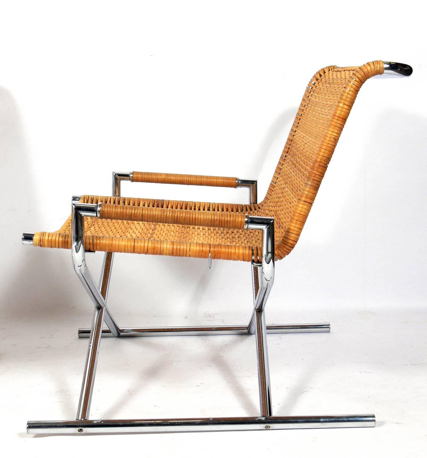 Mid-Century Modern Pair of Chrome and Woven Reed Sled Chairs by Ward Bennett