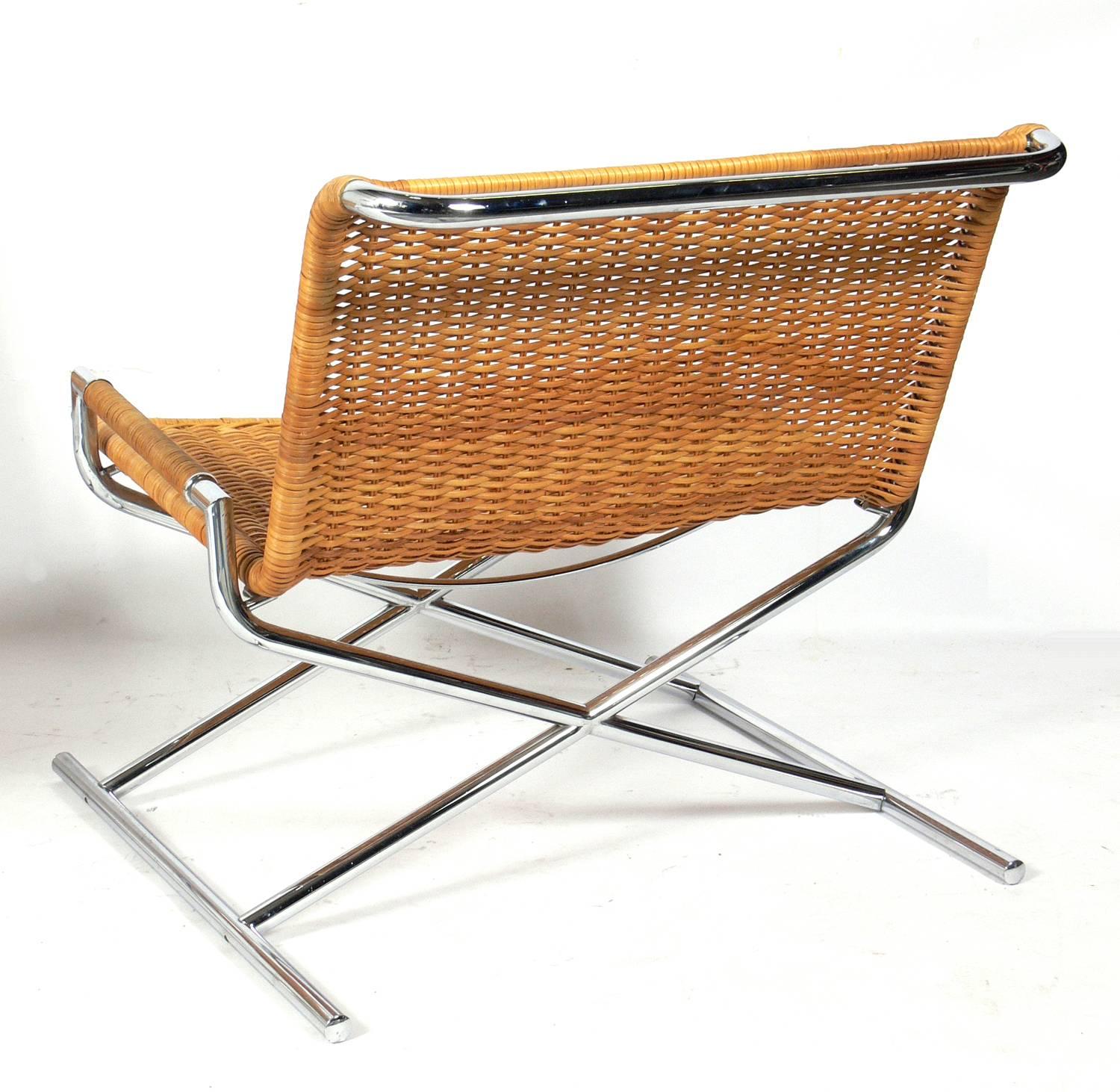 American Pair of Chrome and Woven Reed Sled Chairs by Ward Bennett