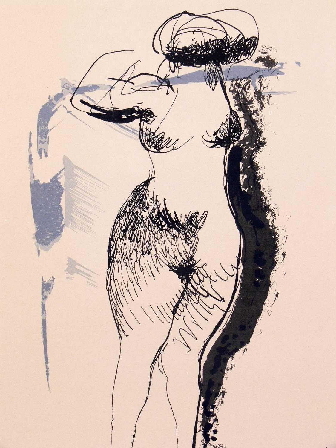 Pair of nude figural lithographs by Marino Marini from the Marino Marini portfolio, printed by Carl Schünemann, Germany, circa 1968. They have been framed in clean lined black lacquer gallery frames.