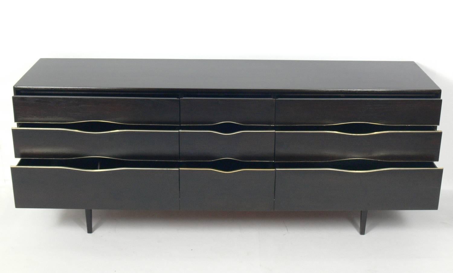 Mid-Century Modern Ultra Dark Brown Mid-Century Chest or Dresser with Brass Trim