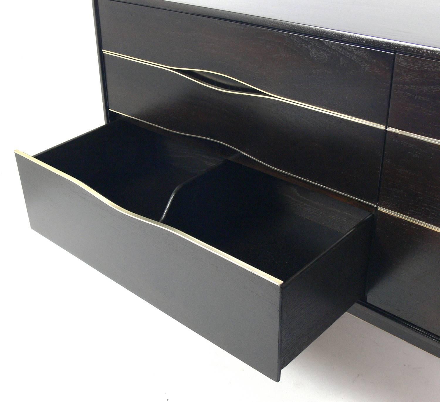 Lacquered Ultra Dark Brown Mid-Century Chest or Dresser with Brass Trim