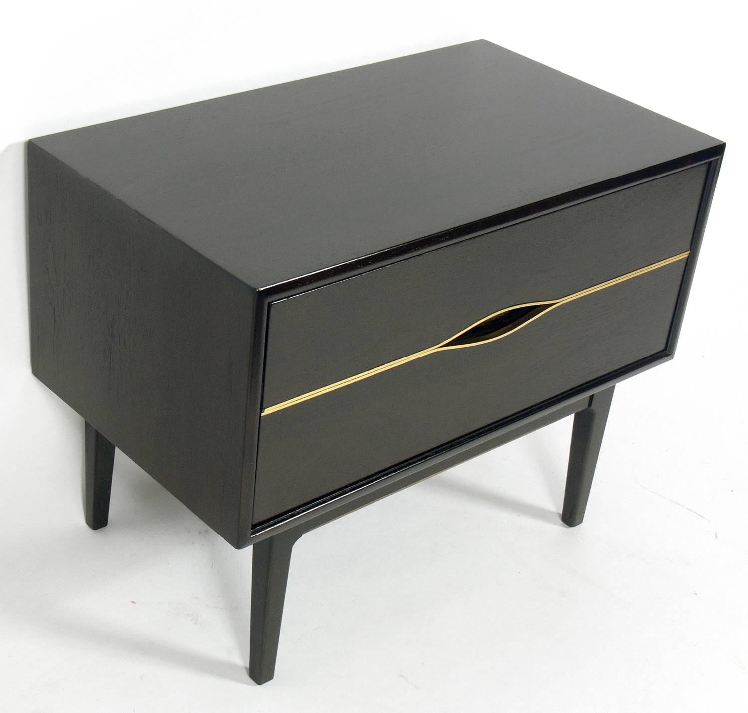 Mid-Century Modern A Pair of Ultra Dark Brown Mid-Century Nightstand or End Table with Brass Trim